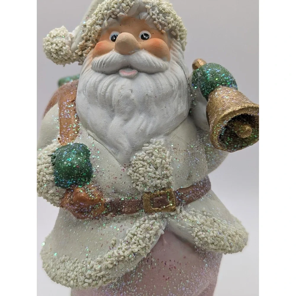 Santa‎ Claus Figurine Pastel Pink Pants White Coat Gold Bell Bag Presents 6.75